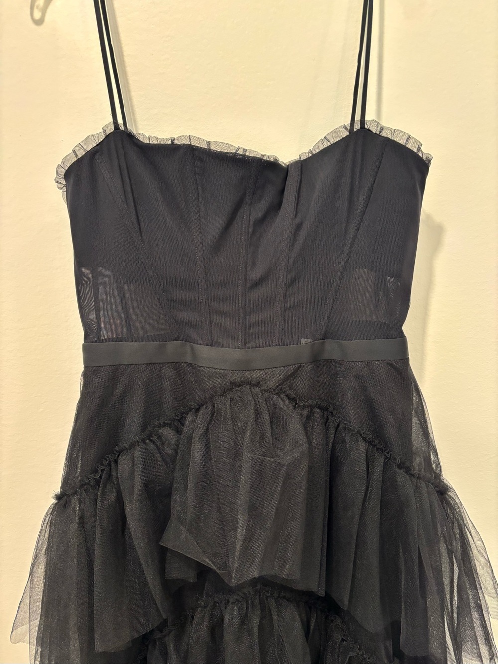 BCBG MAXAzria Black Tiered Tulle Dress with Spaghetti Straps - Picture 3 of 12